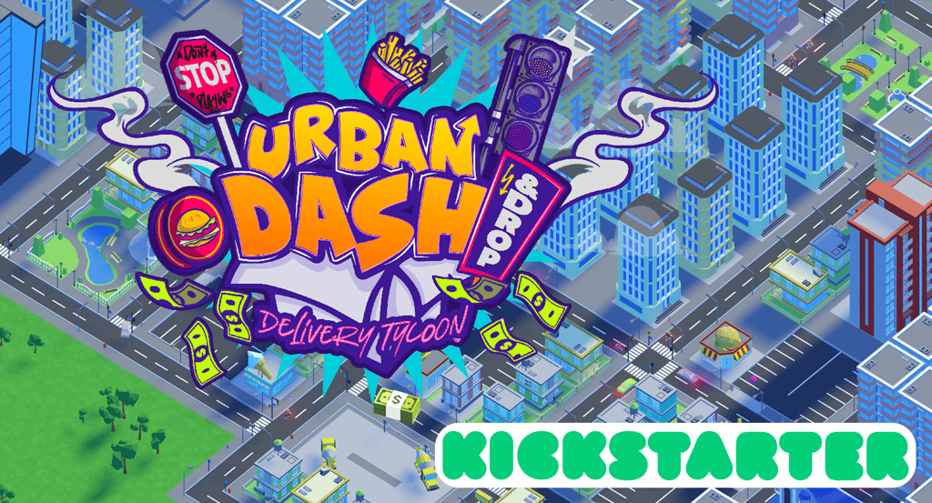 a city street scene with a street sign that says urban dash with a kickstarter logo
