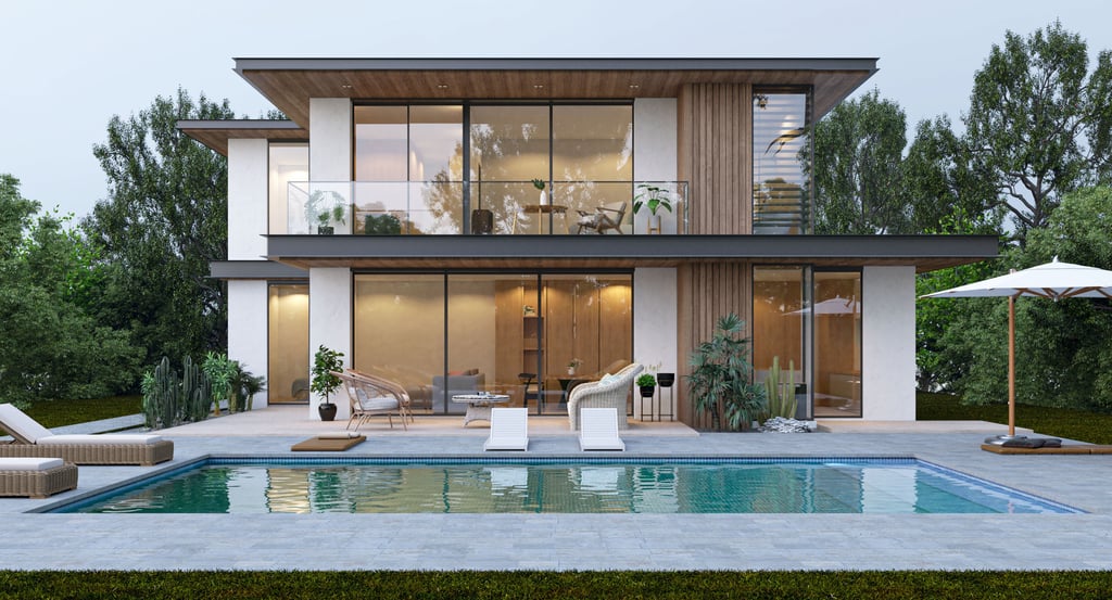 Une maison avec une piscine et un coin salon