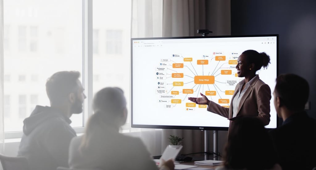 a woman in a business suit is standing in front of a large screen