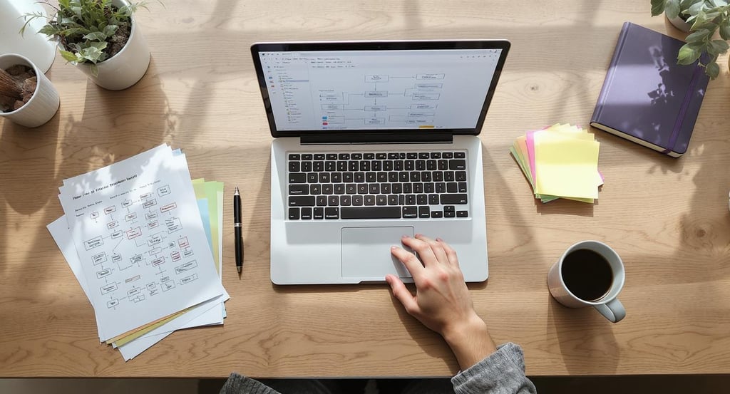 a person sitting at a desk with a laptop and a cup of coffee