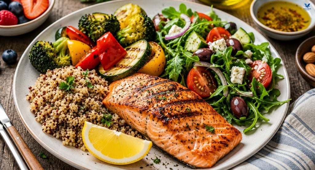 Heart-healthy, all-inclusive healthy Mediterranean diet meal.