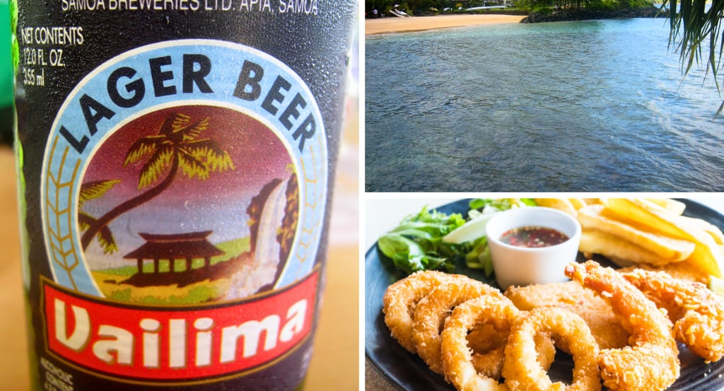 Pausa para almoço em Pago Pago com cerveja local e porções típicas, com o mar azul ao fundo e a bris