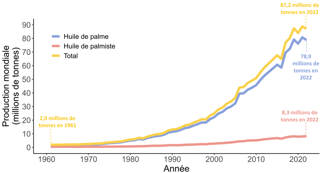 Évolution de la production mondiale d'huile de palme et d'huile de palmiste depuis 1961