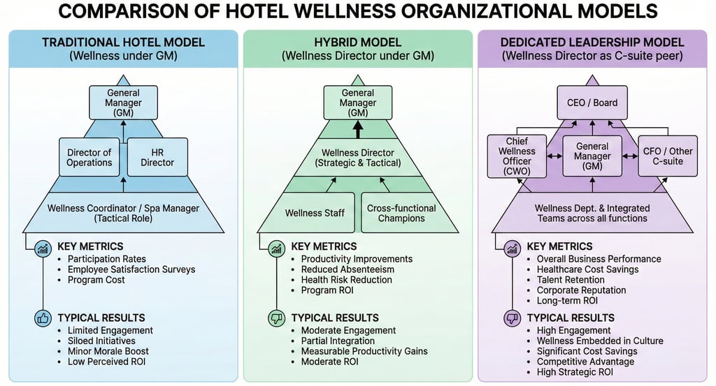 Wellness management structure comparison showing hotel organizational models and member retention ra