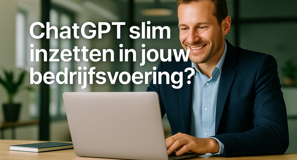 Man in pak werkt glimlachend op laptop in moderne kantoorruimte met ChatGPT-visualisatie.