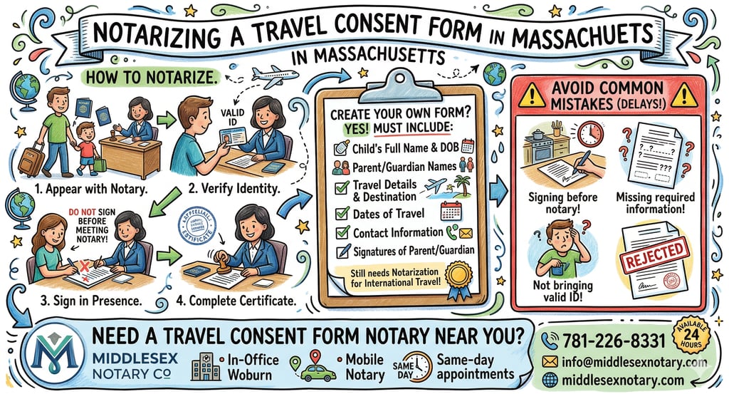 Notary public notarizing a travel consent form for a minor in Massachusetts