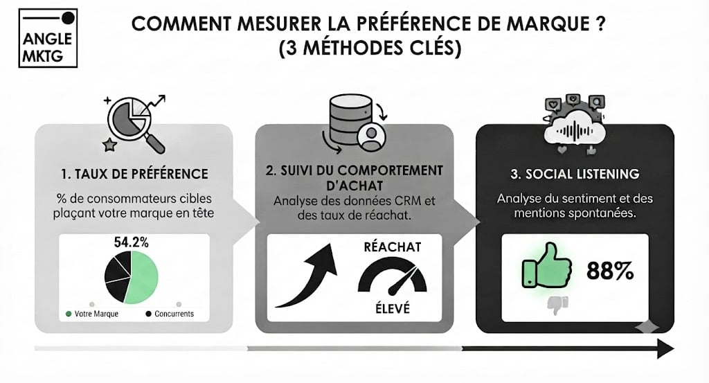 Infographie expliquant comment mesurer la préférence de marque avec trois méthodes clés