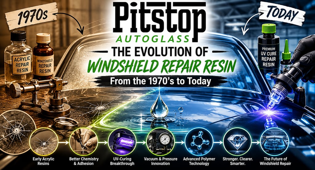 Evolution of windshield repair resin from 1970s acrylics to modern UV-cure polymers by Pitstop Autoglass.