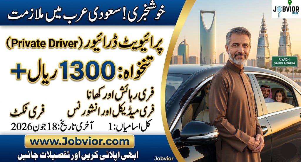 A social media job ad for a Private Driver in Riyadh. Features a professional man and car with the R