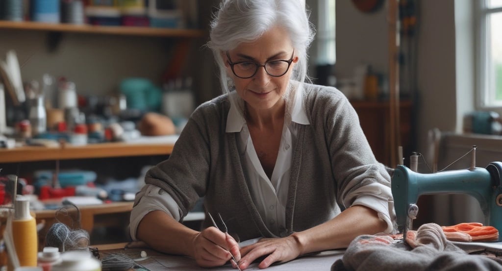 Femme assise devant une table travaillant sur une création dans un atelier 