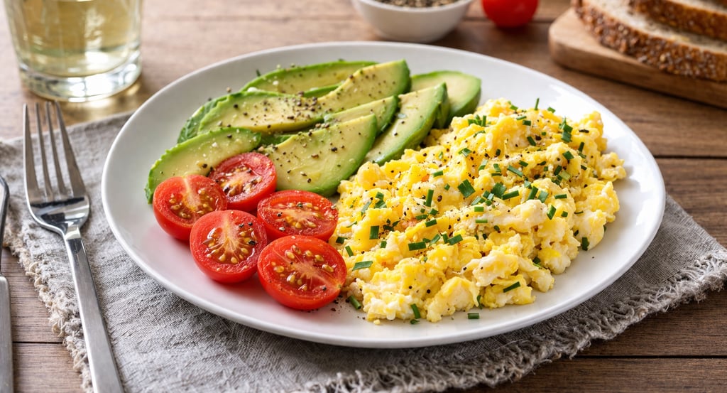Huevos revueltos con aguacate y tomates cherry, desayuno bajo en carbohidratos saludable y rico en p