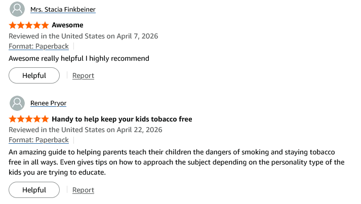 Positive Amazon customer reviews for a paperback book about raising tobacco-free children.