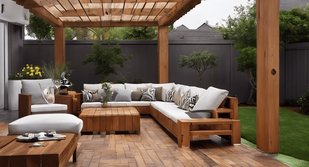 a patio with a couch and a wooden deck