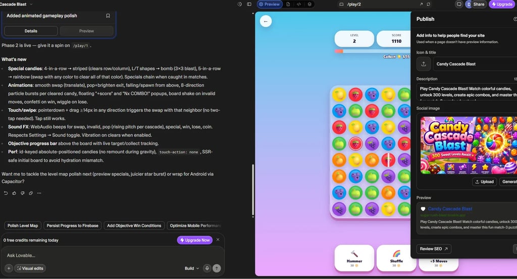 Lovable AI publishing configuration panel for deploying an application online.