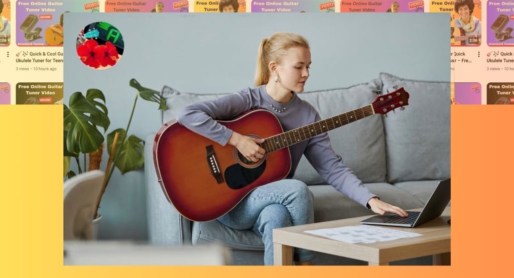 Young woman learning to play acoustic guitar using an online tuner video on her laptop.