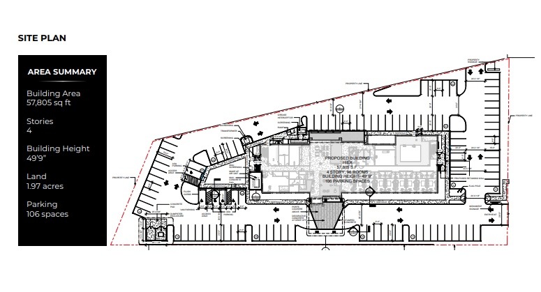 Architectural site plan for a 4-story building including area summary and parking layout.
