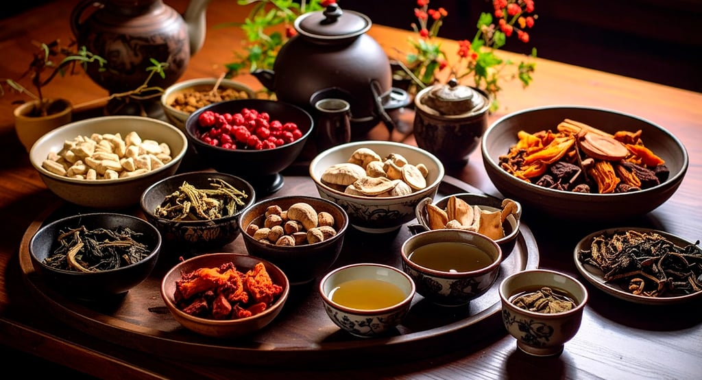 Alimentos sobre una mesa con jarras de té