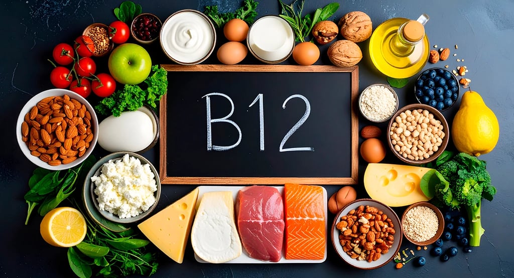 Alimentos que poseen vitamina B12 junto a una pizarra con los caracteres B12