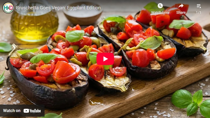 Video recipe for vegan bruschetta made with roasted eggplant