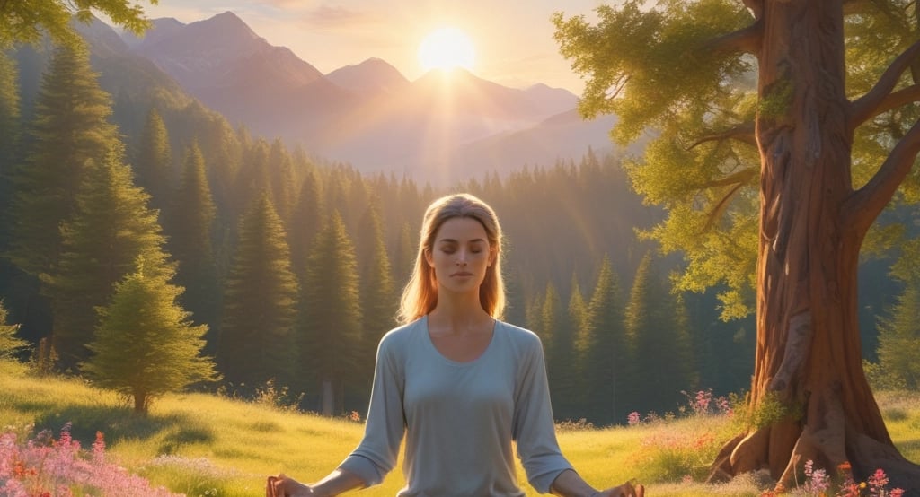 A woman sitting in a river meditating