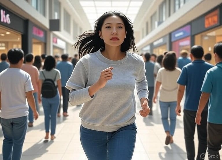 a woman in jeans and a gray sweater is running through a mall