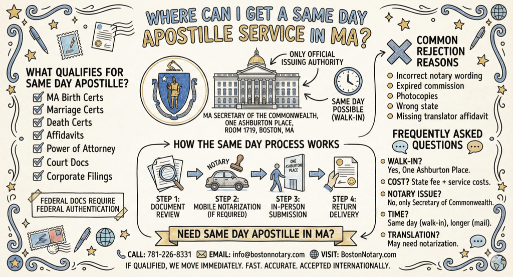Mobile notary preparing document for apostille in Boston