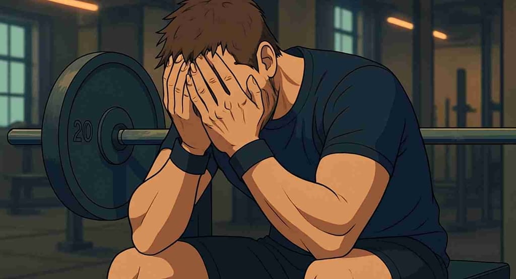 Man som sitter med händerna för ansiktet på gymmet