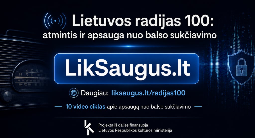 Vintage radio and digital padlock graphic for LikSaugus.lt voice fraud prevention educational video series.