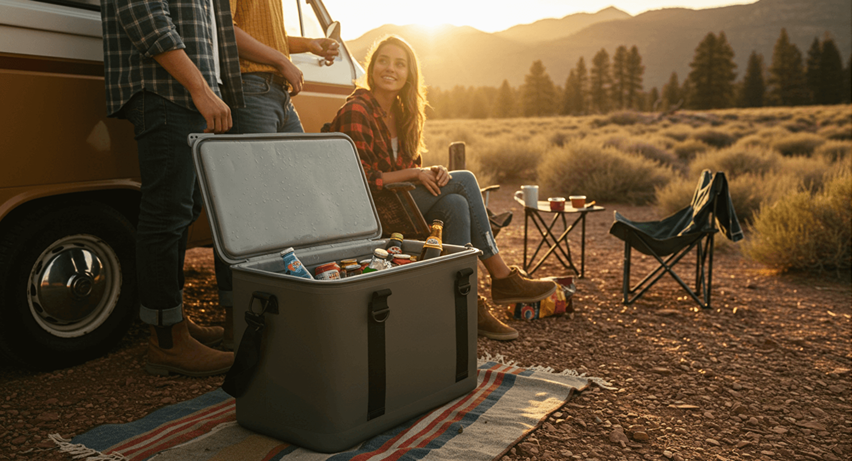 featuring cooler in diverse US camping settings at a campsite with friends