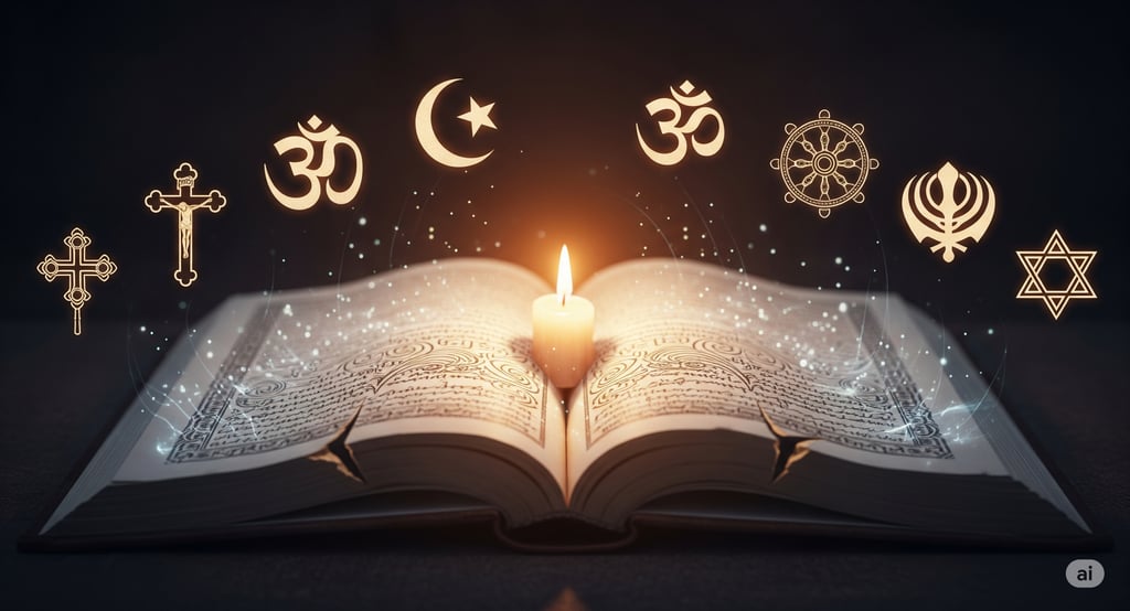 An open book rests on a dark surface with a single lit candle in its center. The pages glow with a d