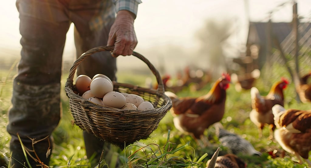 Granjero recogiendo huevos que han puesto sus gallinas