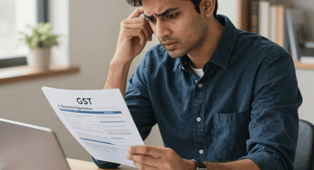 A focused man reviewing GST business registration papers while using a laptop for tax filing.