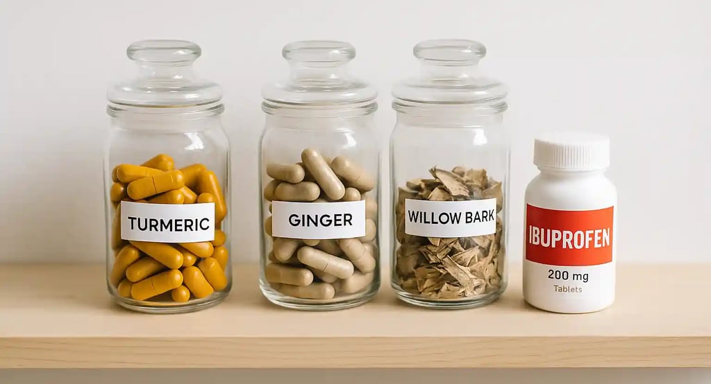 Glass jars of turmeric, ginger & willow bark alongside bottle of ibuprofen tablets, showing natural alternatives to ibuprofen