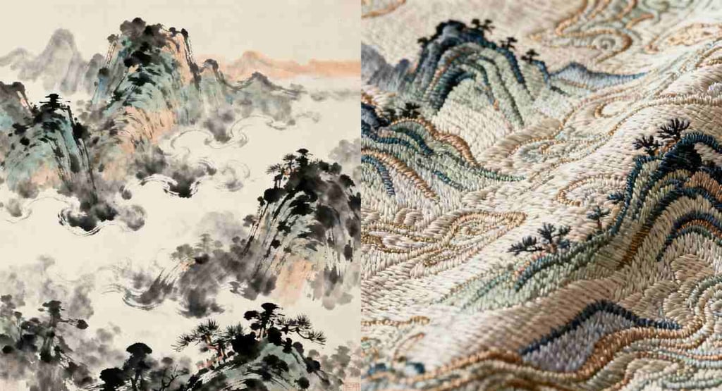 Chinese landscape painting detail contrasted with "Splendid Rivers" jacquard texture.