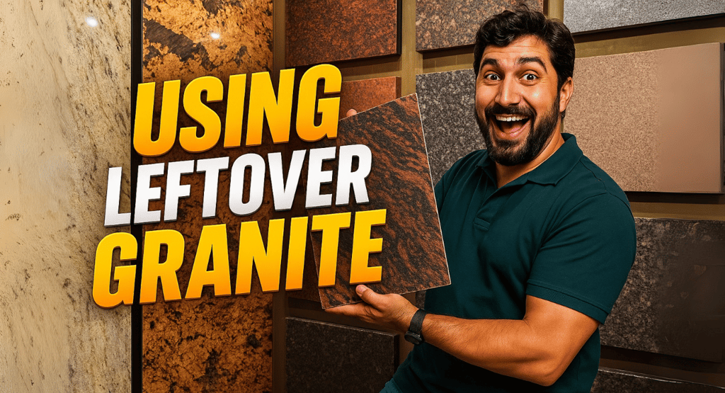 a man holding a leftover granite slab with the words using leftover granite