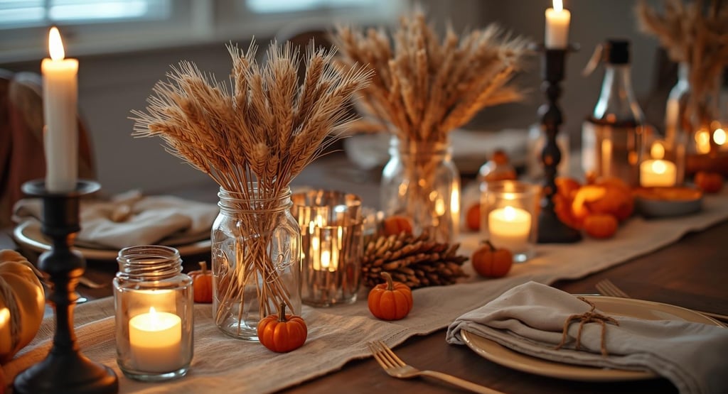 DIY dining table with mason jars of wheat, tiny pumpkins, candles, and matte black candlesticks