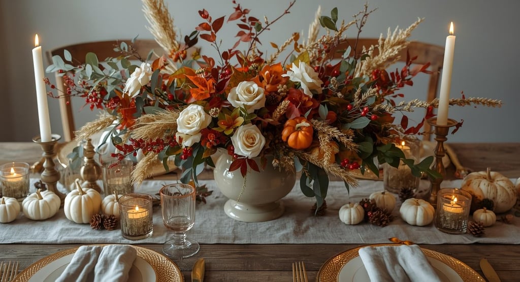 a table with a centerpiece that has a vase filled with flowers and candles