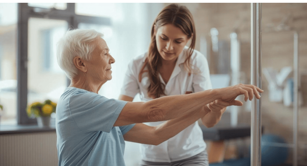 Physiotherapist helping an elderly woman with arm exercises.