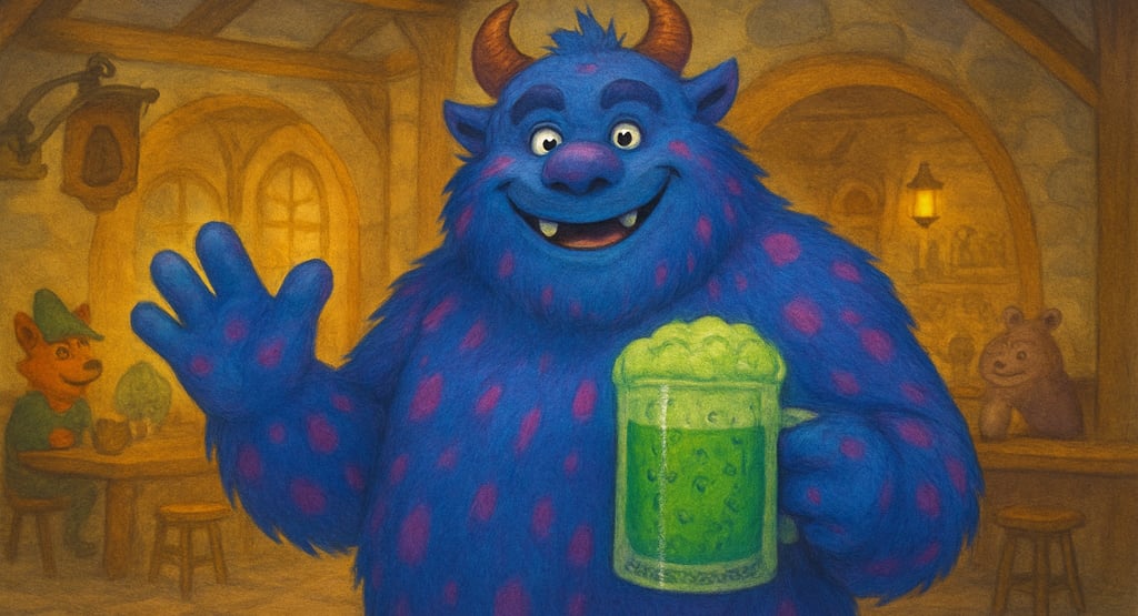 a blue monster holding a green beer