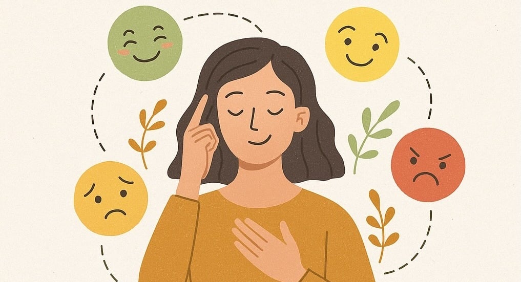 a woman with a hand on her head and a smile on her face