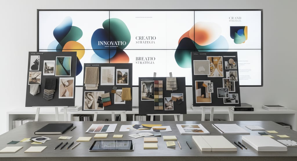 Sophisticated branding workshop scene with digital screens and mood boards displaying color palettes