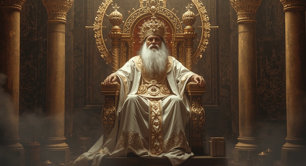 um homem de túnica branca sentado em um trono