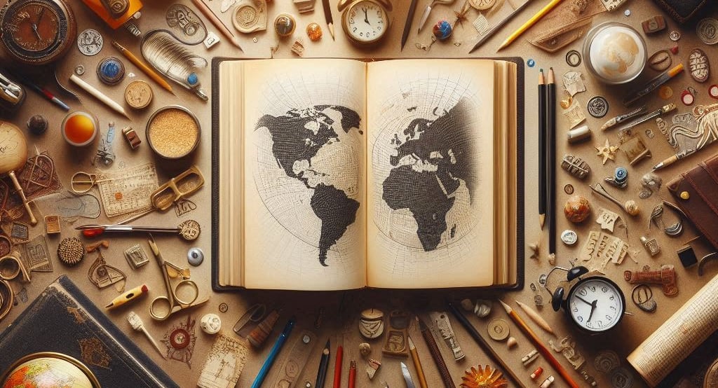 a book opened to show a world map