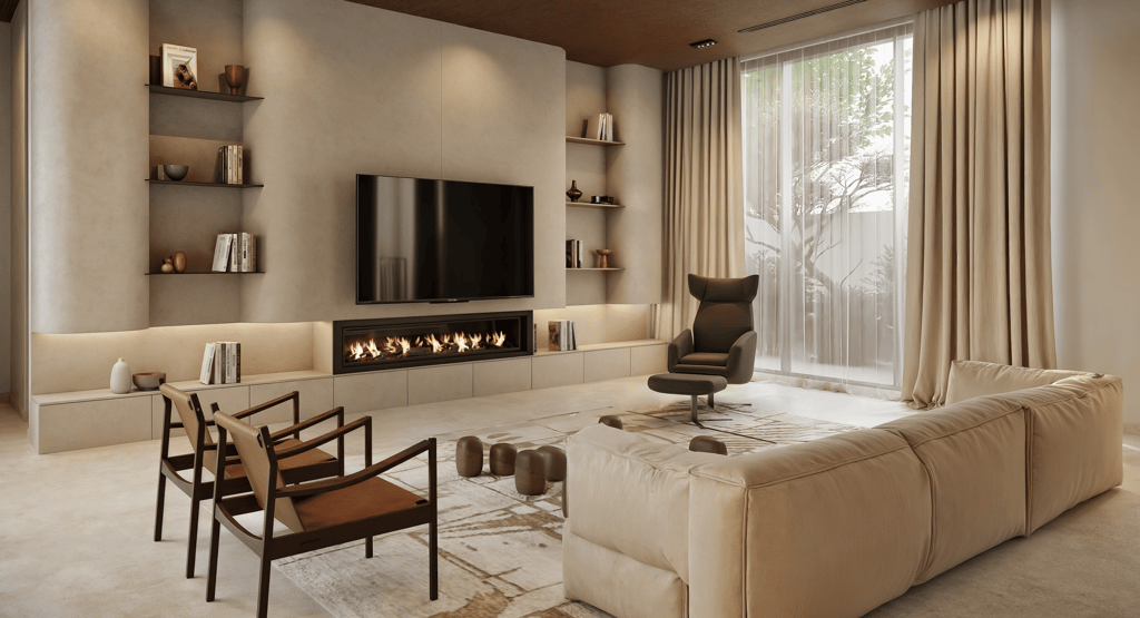 A tan sectional sofa and brown armchairs in a living room with a modern fireplace and TV.