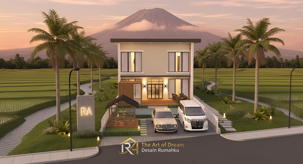 Rumah modern minimalis dua lantai berlatar belakang Gunung Ciremai