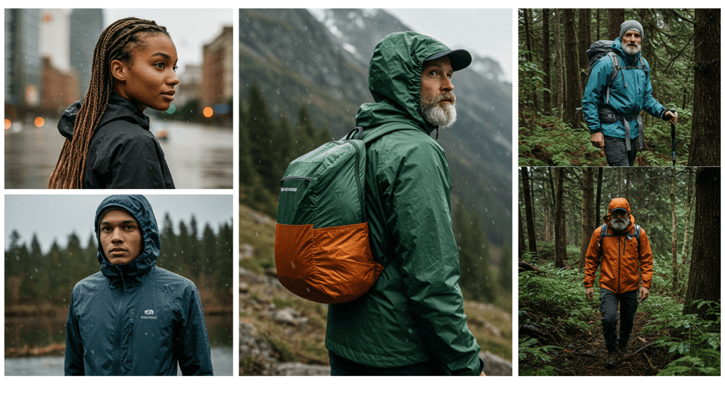 travelers hiking mountain trails and walking the city with waterproof jacket
