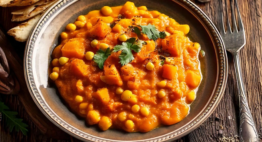 a bowl of kumro chola and naan bread