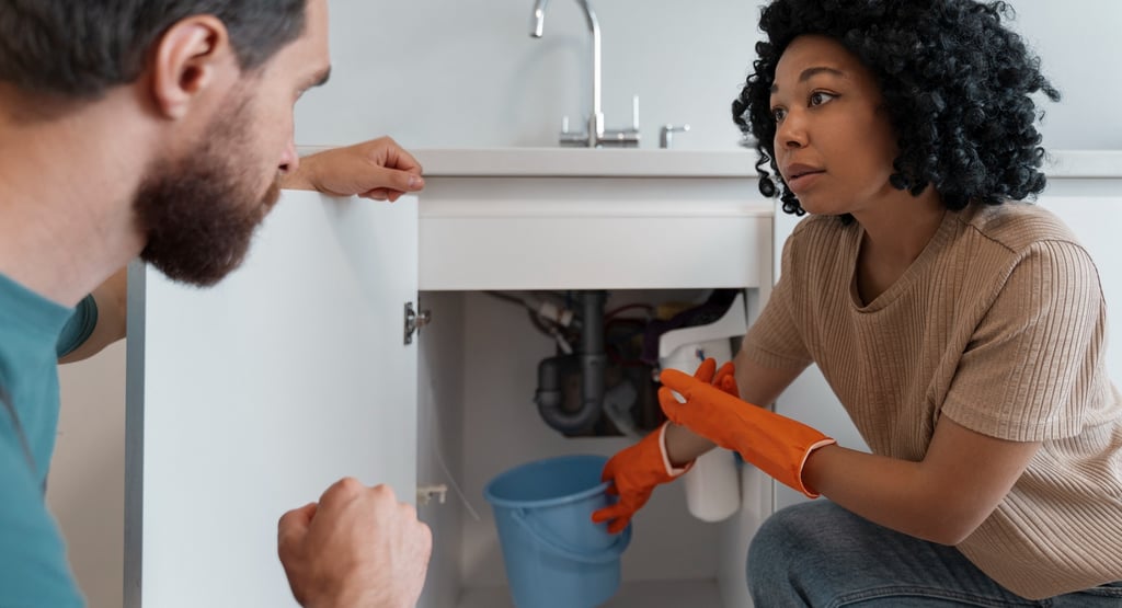 a man and woman in a kitchen with a sink