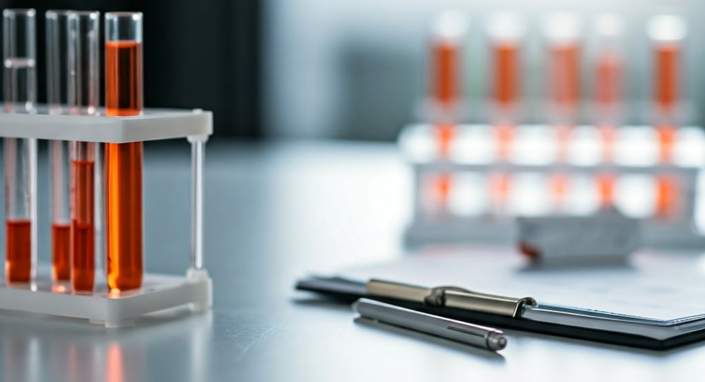 Tubos de ensaio uma caneta e uma agenda para anotar exames laboratoriais