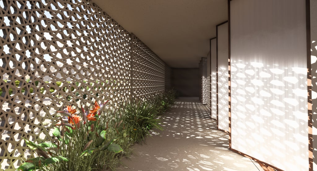 Mashrabiya corridor of Etihad House proposal showcasing traditional ventilation and filtered light
